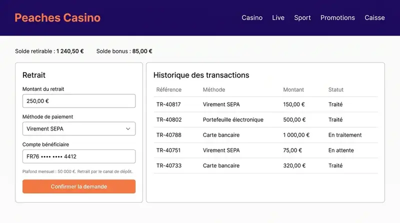 Interface de la caisse : formulaire de retrait et historique des transactions
