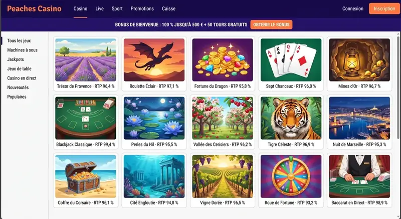 Lobby du casino : catégories de jeux et vignettes de machines à sous